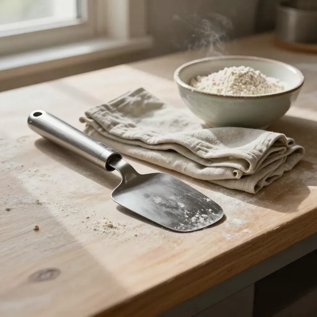 밀가루가 묻은 제빵 도구와 리넨 천, 작은 도자기 그릇이 놓인 따뜻한 베이킹 장면